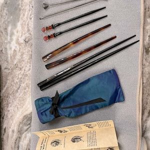 4 sets of custom hair sticks, with pouch
